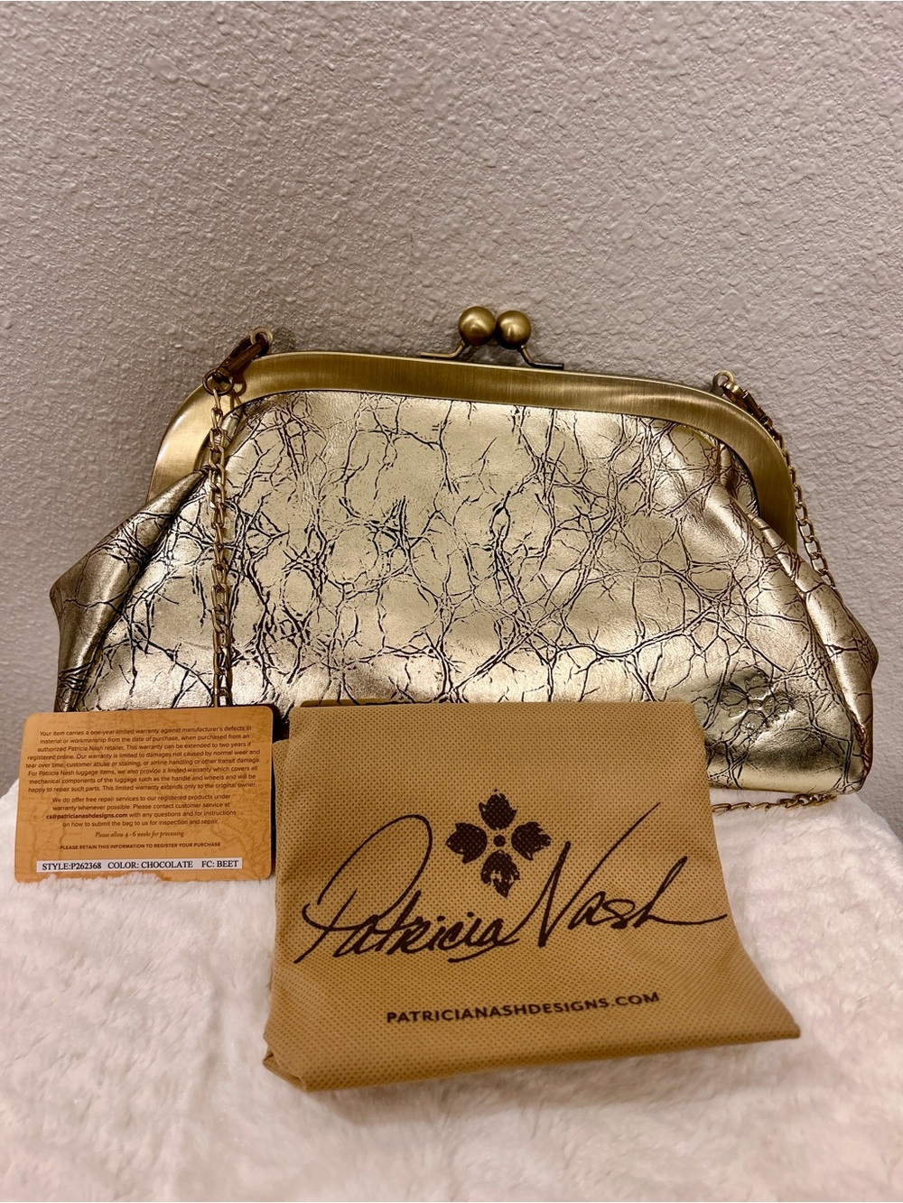 Patricia Nash Metallic Gold Bronze Crackle Frame Clutch with Chain New